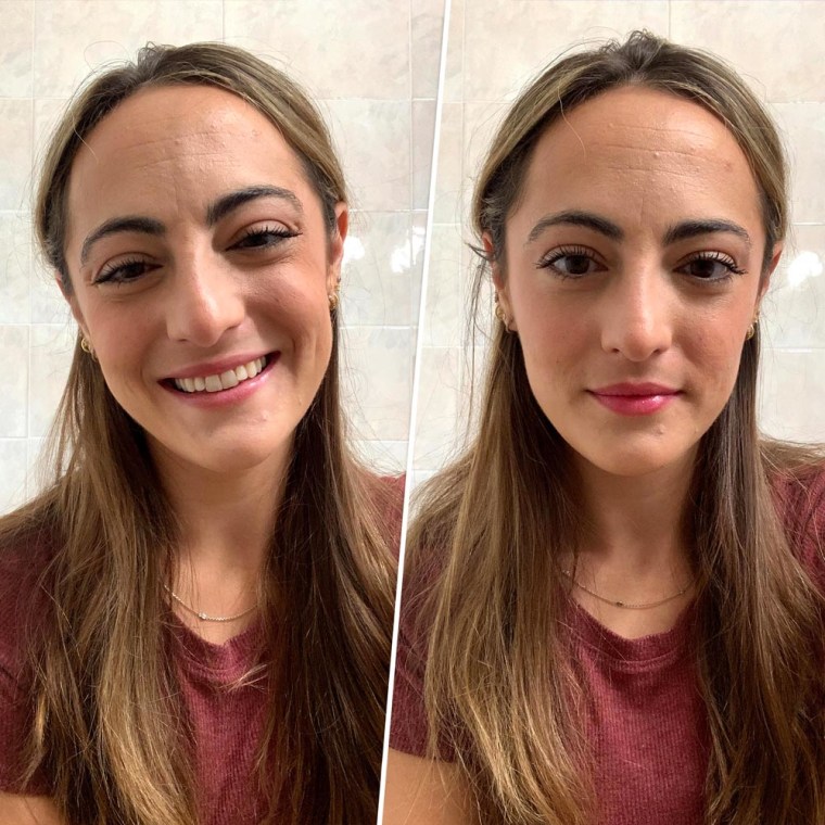 Before and after image of writer Danielle Murphy wearing the Essence Glimmer Glow Lipstick