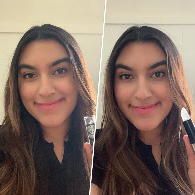 Before and after image of writer Sunah Syed wearing the Essence Glimmer Glow Lipstick