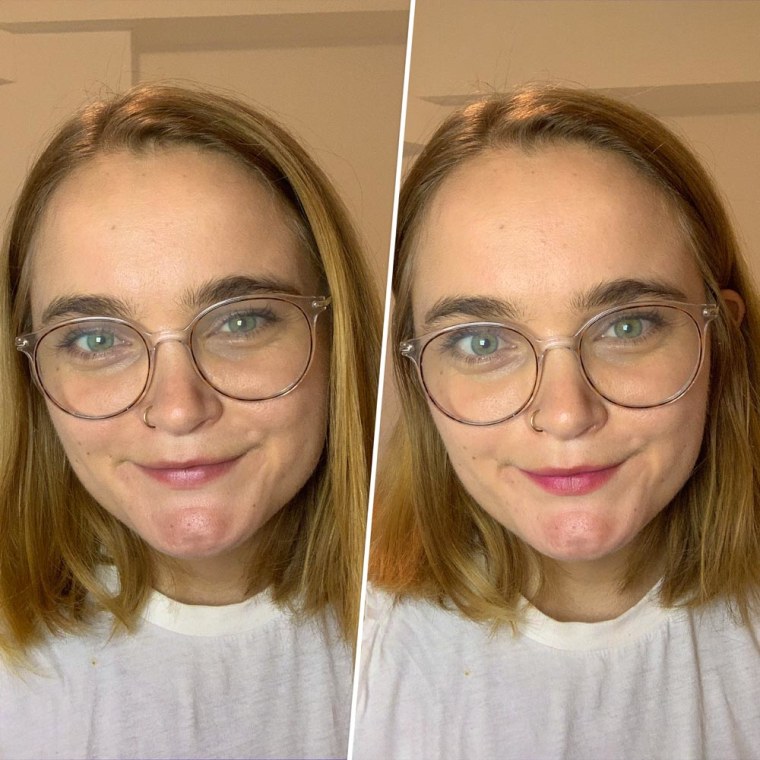 Before and after image of writer Emma Stessman wearing the Essence Glimmer Glow Lipstick