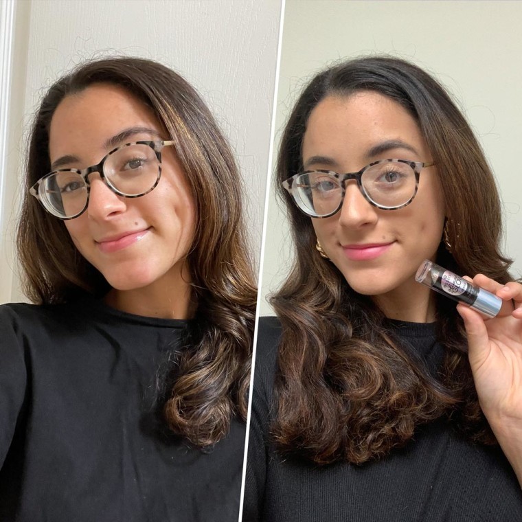 Writer Jillian Ortiz before and after using the Essence Glimmer Glow Lipstick