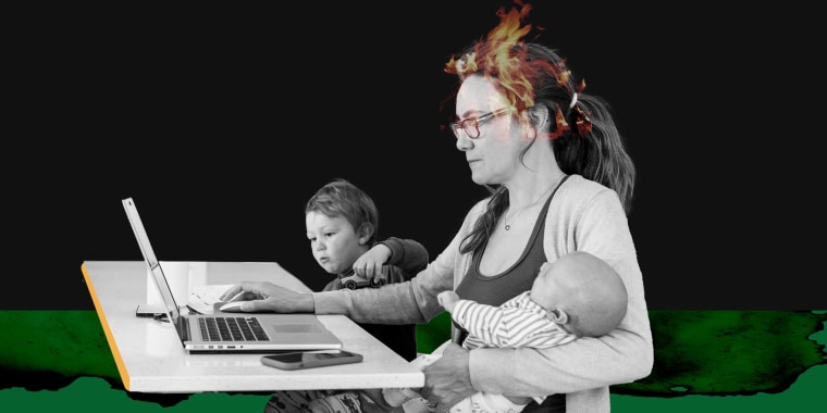 Illustration of mom on fire while she works on a laptop and takes care of her two sons