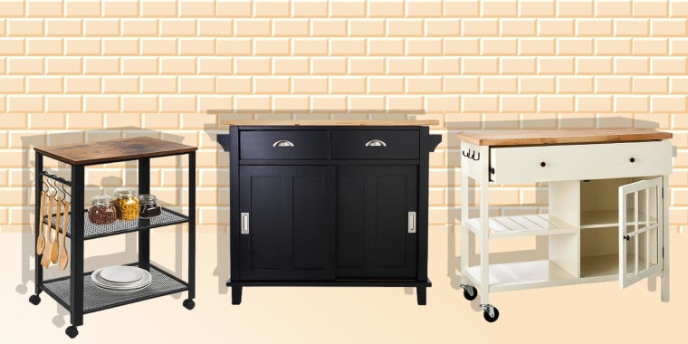 Image of the Belmont Black Kitchen Island, Windham Wood Top Kitchen Island and Best Choice Products 3-Tier Rolling Utility Cart