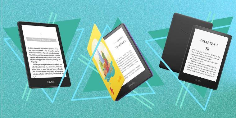 Illustration of three new Amazon Kindle Paperwhite, Kindle Paperwhite Signature Edition and the Kindle Paperwhite for kids
