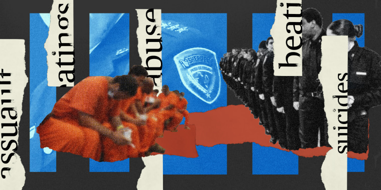 Photo illustration: Cutout image of inmates sitting in a line, cutout image of a line of detention officers against blue boxes in the background that show the Harris County Sheriff's badge. Torn pieces of paper run though the image that read,\"assault\", \"b