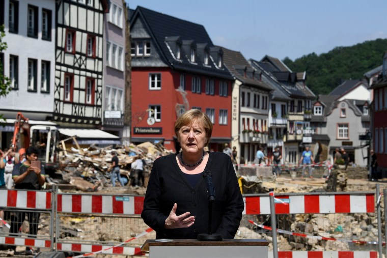 Image: Chancellor Angela Merkel at a news conference after visiting the flood-ravaged spa town Bad Munstereifel, Germany, in July.