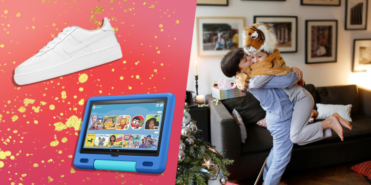 A brother and a sister hugging while unwrapping their Christmas presents, Nike Air Force 1 LE Big Kids and the new Fire HD 10 Kids tablet