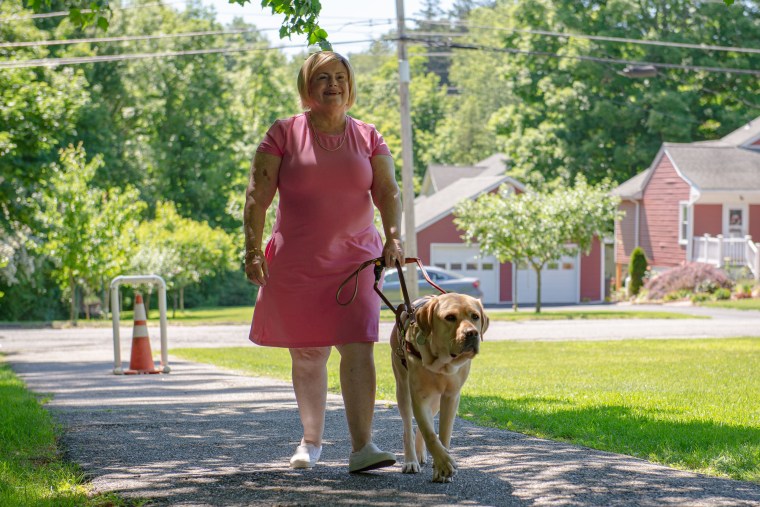 Joanne Callahan walks with her guide dog, Magnum