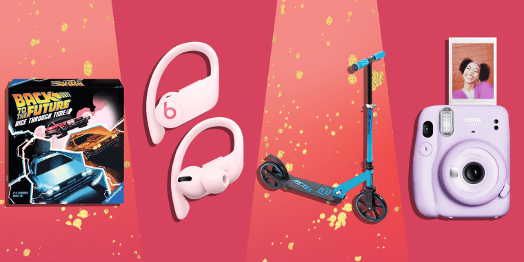 Illustration of a blue Huffy Scooter, Fujifilm Instax Mini 11 Instant Camera, Back to the Future: Dice Through Time Board Game and pink Bose Powerbeats Pro