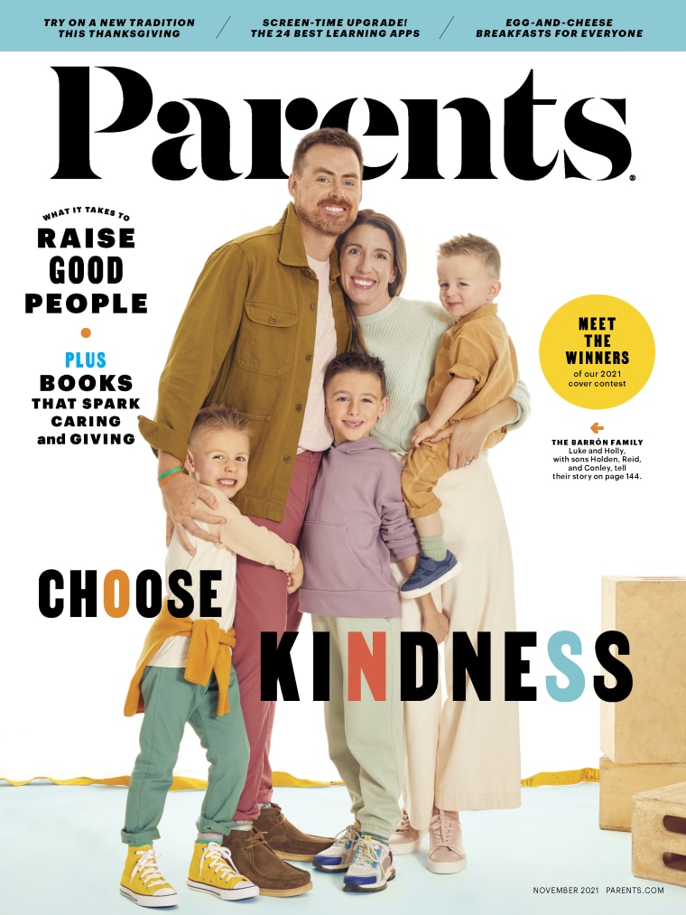 The November cover of Parents magazine celebrates kindness with the winners of its first-ever Kindest Family in America contest.