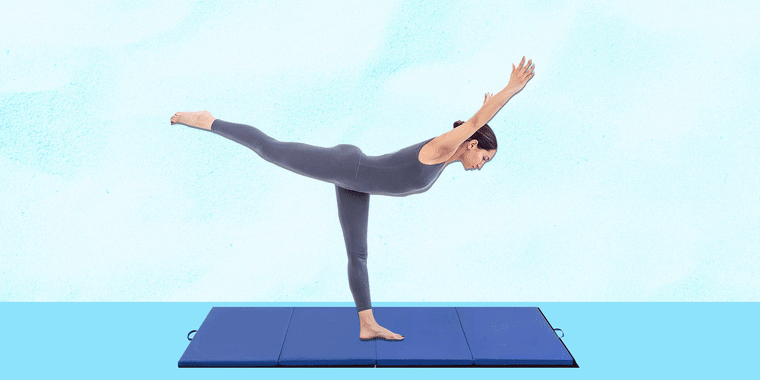 Illustrated GIF of a Woman practicing yoga while standing on the BestMassage Gymnastics Mat