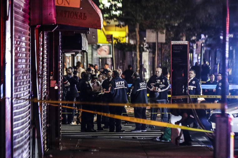 New York City police officers gather near the site of shooting in the Brooklyn borough of New York on June 4, 2020.