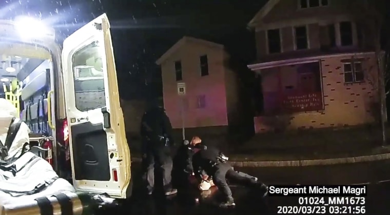 Image: Rochester police officers hold down Daniel Prude on March 23, 2020, in Rochester, N.Y., in an image from a police body camera video.