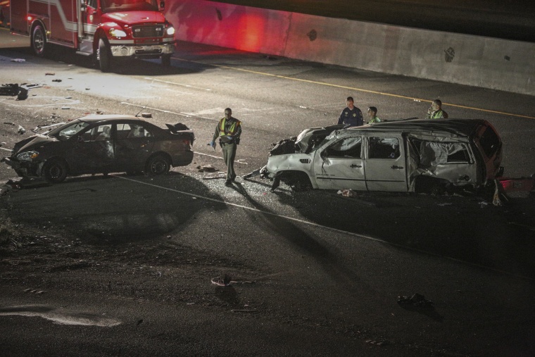 Image:  California Highway Patrol officers investigate the scene of a multi-car crash on Interstate 880 in Fremont in 2018.
