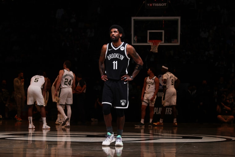 Kyrie Irving of the Brooklyn Nets looks on during the game against the Milwaukee Bucks on June 5, 2021, in Brooklyn, N.Y.