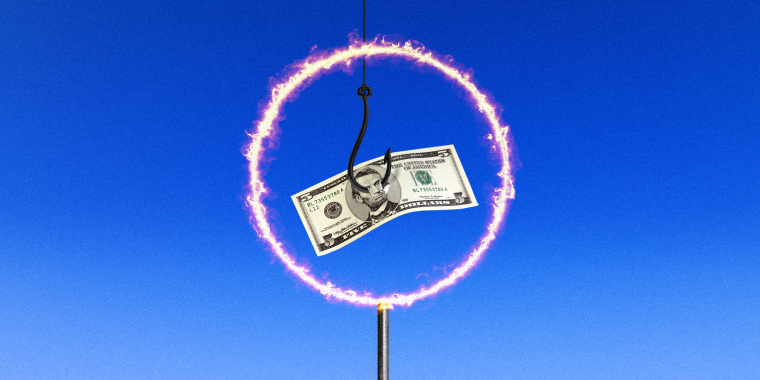 Photo illustration: A five dollar bill hanging by a fish hook behind a ring of fire.