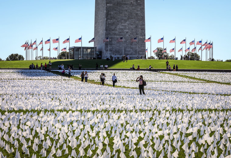 A view of \"In America: Remember\", public art installation commemorating all Americans who have died of Covid-19, in Washington DC on Sept. 24, 2021.