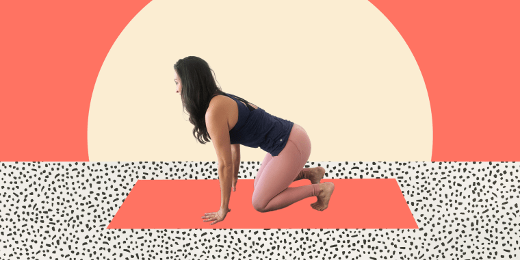 Woman stretching on bright background