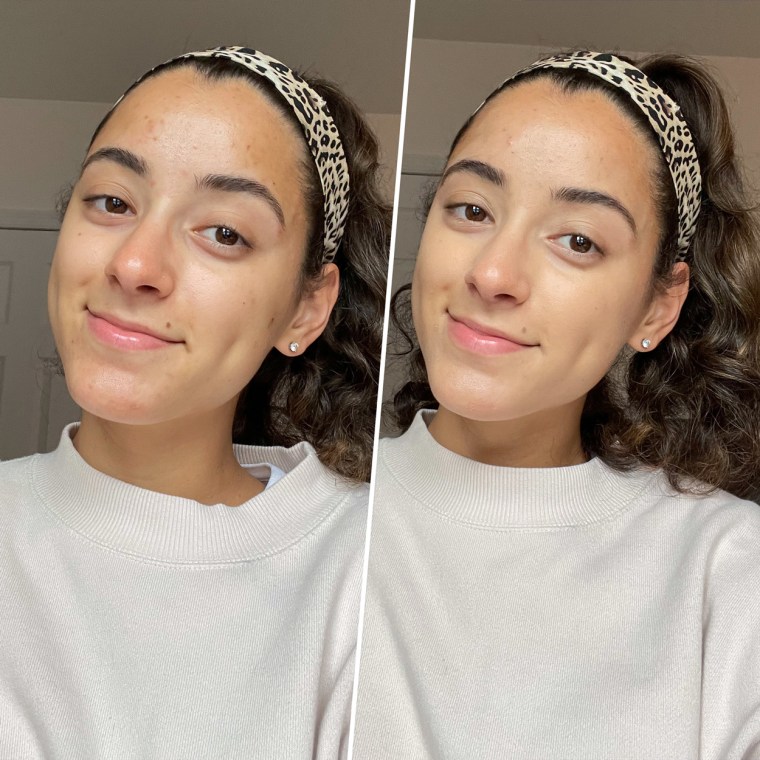 Writer Jillian Ortiz before and after using Shape Tape Contour Concealer