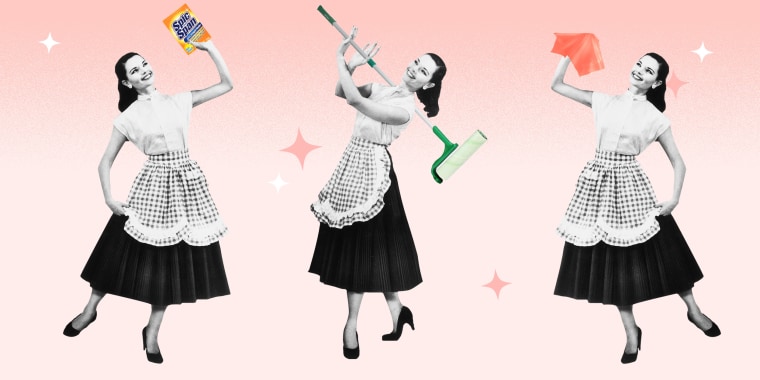 Illustration of a vintage woman cleaning with Amazon products