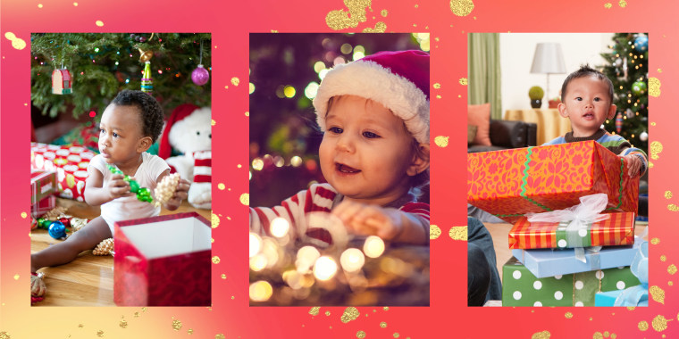 Three images of different babies opening gifts on Christmas