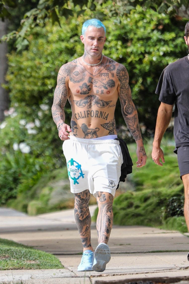 Adam Levine debuted bright blue hair while walking in Los Angeles on Monday.