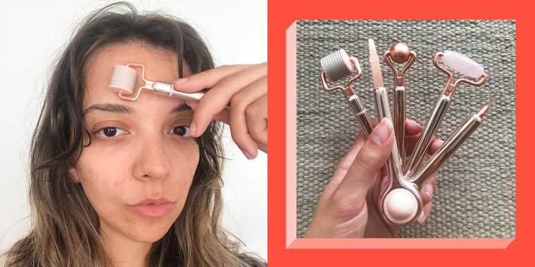 Two images of Writer Cailey Rizzo holding the Nudestix 5-1 tool and using one of the roller tools