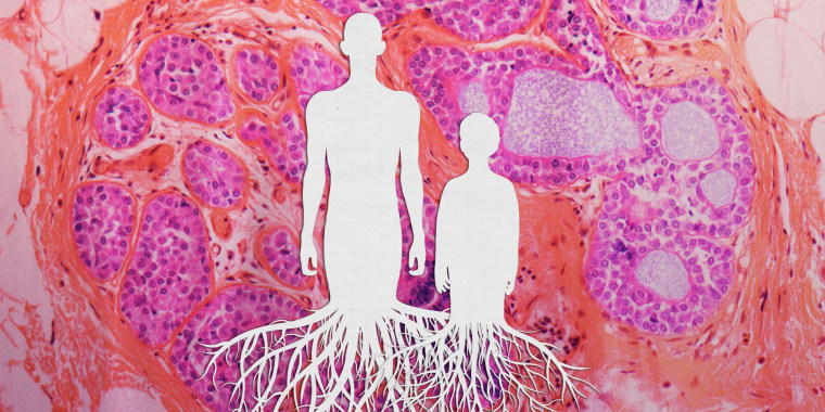 Image of man and child silhouette on cancer cells