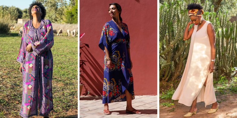 Split images of three different Women outside wearing stylish caftans