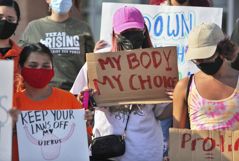Abortion rights supporters gather to protest Texas SB 8 in front of Edinburg City Hall, in Edinburg, Texas, on Sept. 1, 2021.