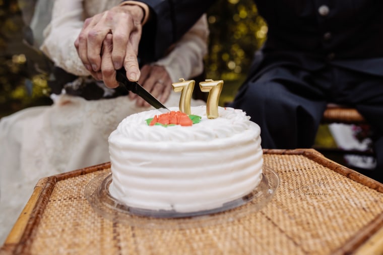 The couple was not able to get photos from their original wedding in 1944 because it came on a two-day leave for Royce before he went to fight in World War II. 