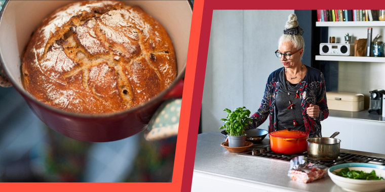 Split image of a Senior woman making meal at home with fresh ingredients and someone holding Home baked bread fresh out of the oven in a dutch oven