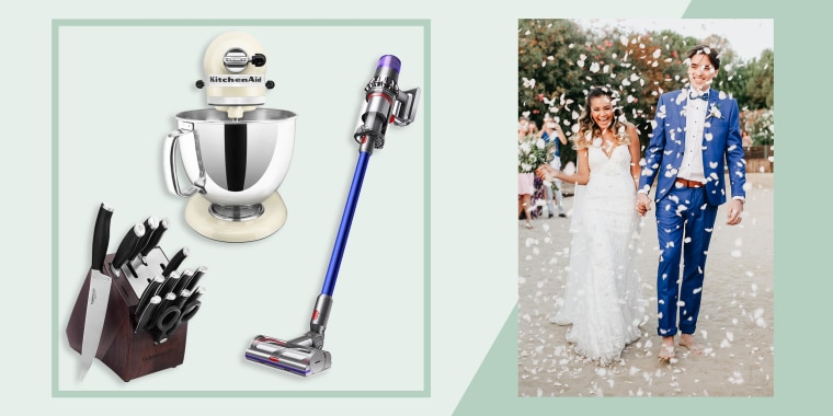 Illustration of a couple getting married and a Calphalon Self-Sharpening 15-Piece Knife Block Set , KitchenAid Artisan 5-Quart Stand Mixer and a Dyson V11 vacuum