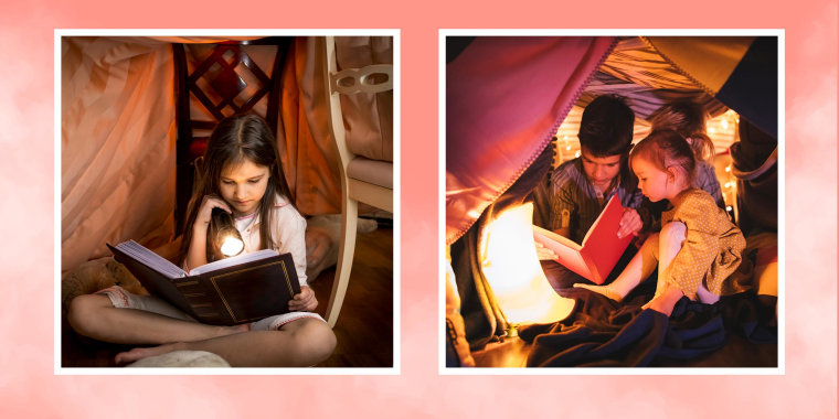 Little girl reading a book with a flashlight under a play fort and a sister and brother reading a book together in a play fort
