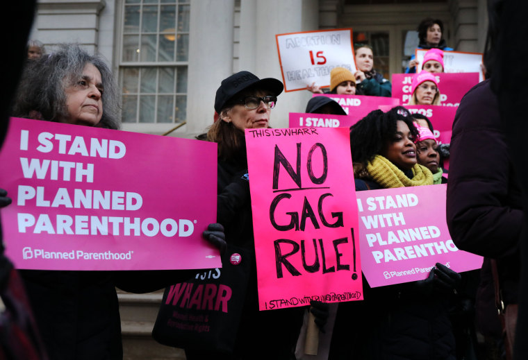 Image: Pro-choice activists gather in support of Planned Parenthood during a demonstration against a Trump administration Title X rule change in New York on Feb. 25, 2019.