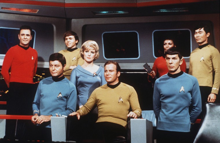 William Shatner played Captain James T. Kirk of the USS Enterprise, on the set of the TV series Star Trek.