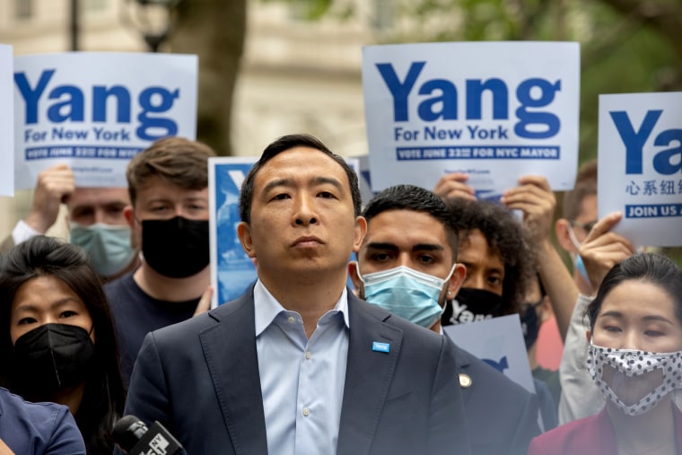 Andrew Yang, mayoral candidate for New York City, speaks during a campaign rally at City Hall Park in New York, on May 24, 2021.