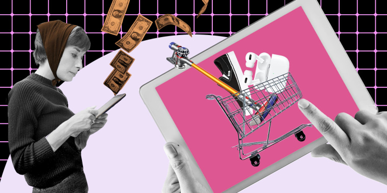 Illustration of a Woman on a tablet and a large tablet with a Dyson, van shoe and air pods in a shopping cart on the screen