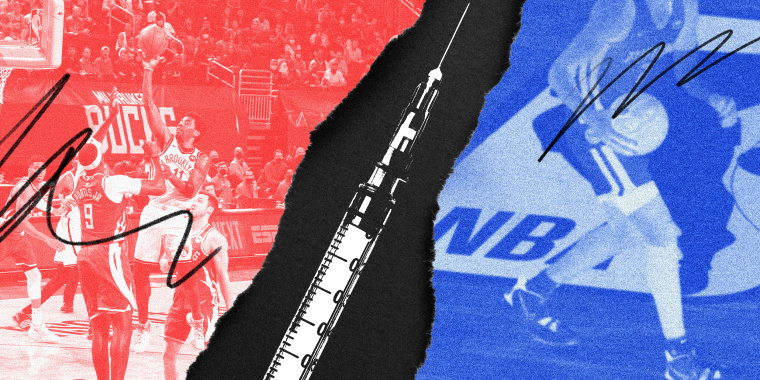 Photo illustration: A syringe divides the image of basketball players into two, left side is red and the right side is blue and shows the NBA logo.