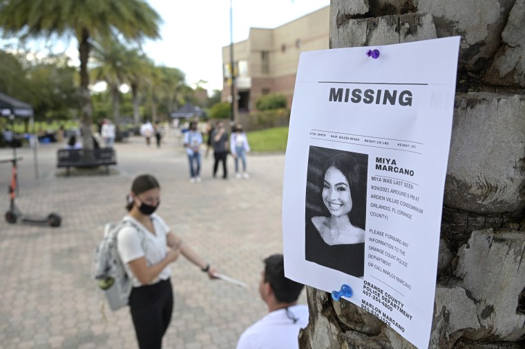 A flyer for missing teen Miya Marcano at the University of Central Florida campus on Sept. 28, 2021, in Orlando.