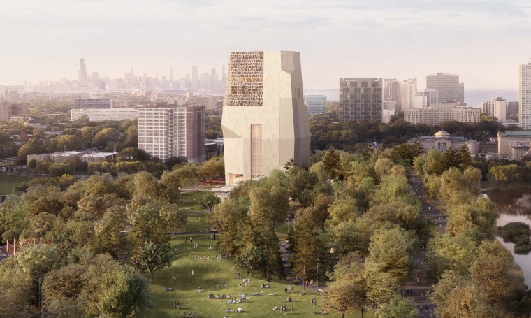 A digital rendering shows a north-facing view of the Obama Presidential Center campus in Jackson Park in Chicago.