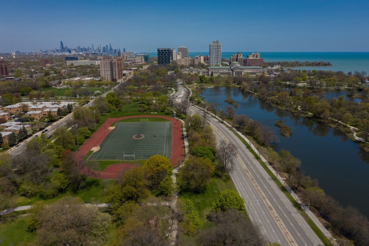 An aerial view shows the proposed site for the Obama Presidential Center in Chicago's Jackson Park on May 13, 2020.