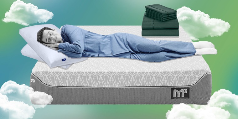 Illustration of a Man sleeping on a Bedgear M3 Mattress, using 2 Original Casper Pillows and a set of LuxClub Bamboo 6-Piece Sheets on the bed