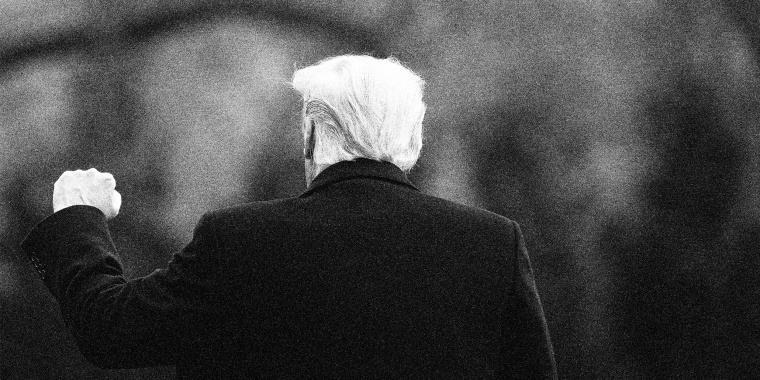 Image: Back of former U.S. President Donald Trump as he pumps his fist up.