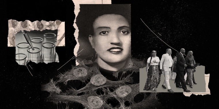 Photo illustration: Image of test tubes, microscope image of HeLa cells; portrait of Henrietta Lacks with the microscopic image of cells forming the shape of her dress and the image of people walking forward.