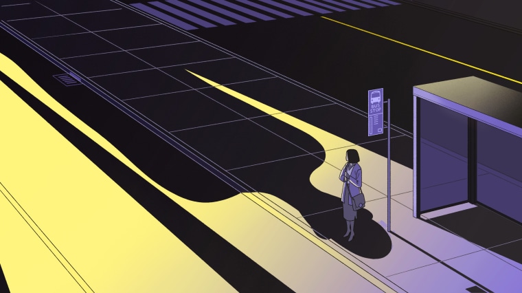 Illustration of a woman waiting for the bus as a shadow in the shape of a human looms over her.