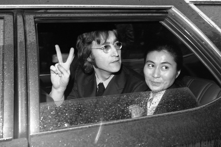 John Lennon and Yoko Ono leave the Immigration and Naturalization Service in New York on March 16, 1972.