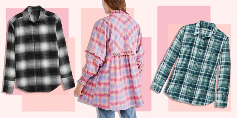 Illustration of a Woman wearing a pink Free People Redwood Flannel, L.L Bean Organic Plaid Tunic and a Banana Republic Organic Flannel Shirt