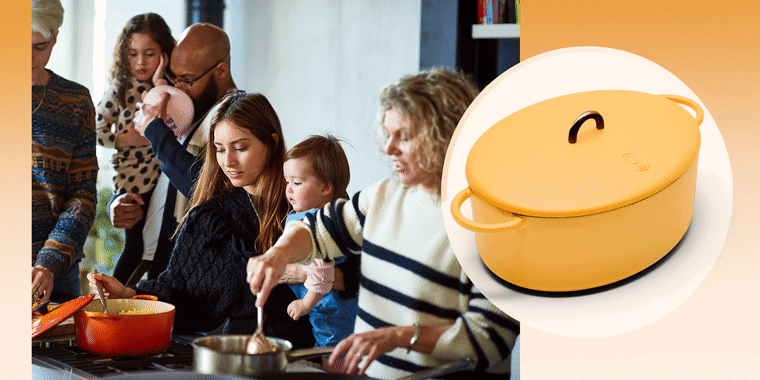 GIF illustration of a yellow Great Jones Dutch Pot and a Multi generation family serving dinner in kitchen