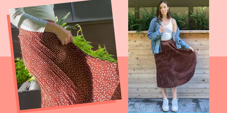 Two images of Sophie van Bastelaer wearing a pretty Amazon skirt outside