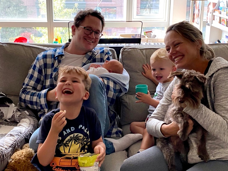 Dylan Dreyer and Brian Fichera with their three sons, Calvin, Oliver, and Rusty and their dog, Bosco.
